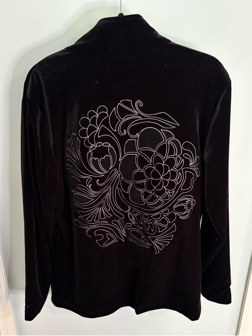 Chico's Black Velour Jacket with White Floral Embroidery